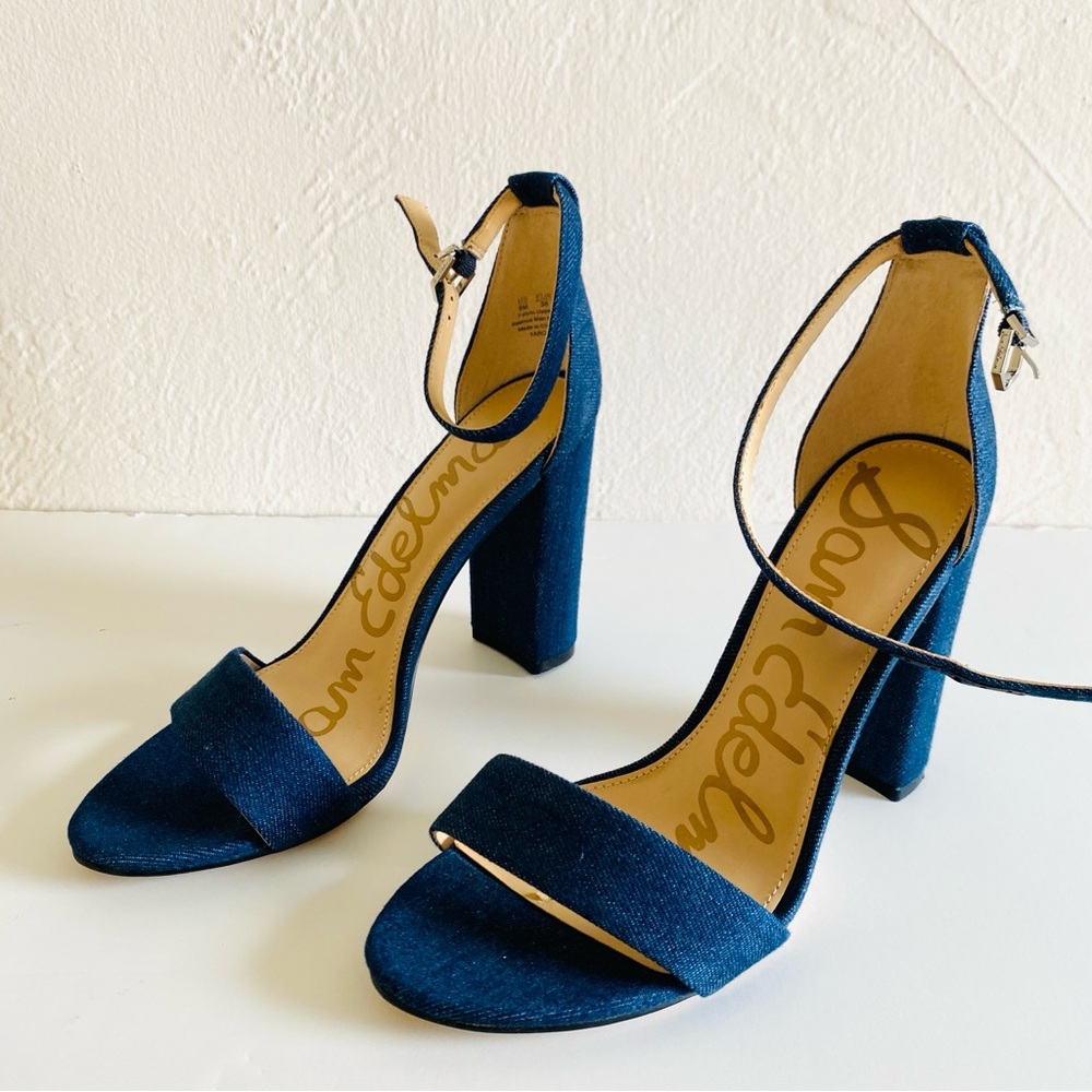 Sam Edelman Yaro Shoes 8 Navy Blue Denim Ankle Strap Block Heels Open Toes NWOT - Picture 5 of 16